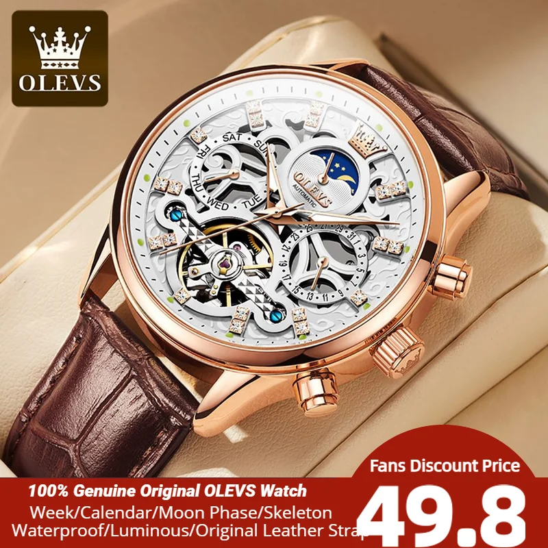 Men Automatic Mechanical Watch OLEVS Waterproof Hollow out Noctiucent Skeleton Wind up