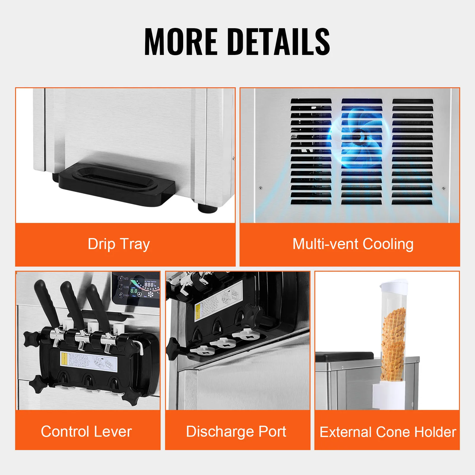 VEVOR Commercial Ice Cream Machine 18-28 L/H Yield 1850W 3-Flavor Countertop Soft Serve Ice Cream Maker Stainless Steel Cylinder
