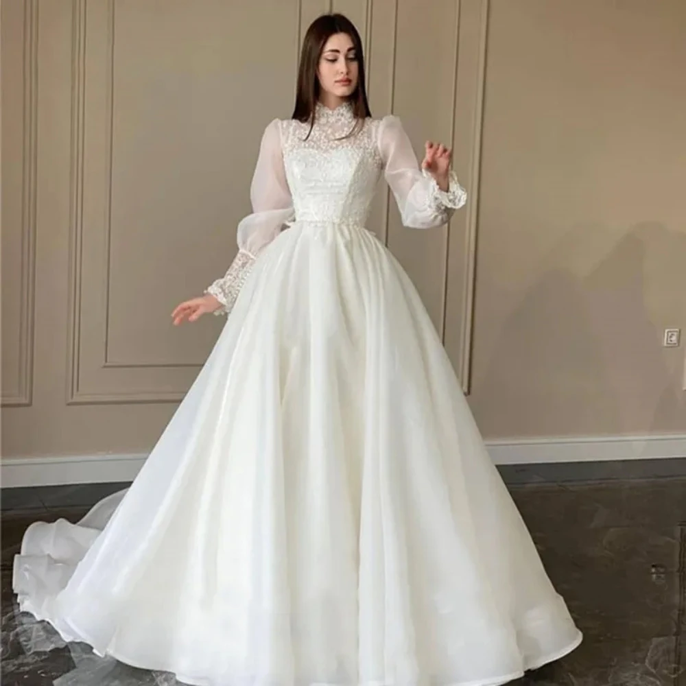 

Haohao Modest Organza A Line Appliques Lace Wedding Dress Puff Long Sleeves High Neck Bridal Gowns Robe De Mariage Custom TG001