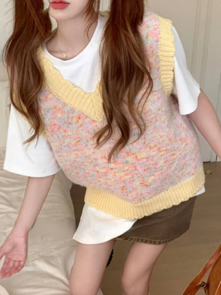 

2023 Patchwork Sweater Vest Spring Autumn Women Loose Waistcoat Streetwear Knitted Fashion College All-match Harajuku Y2k Vests