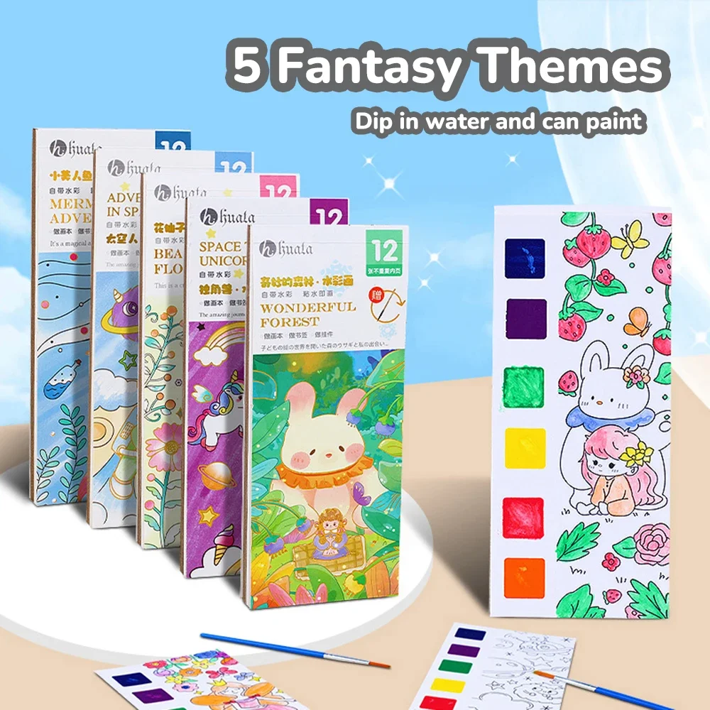 

12 Sheet Watercolor Painting Coloring Book Set with Paint Brush Kids Gift Art Supplies Stationery