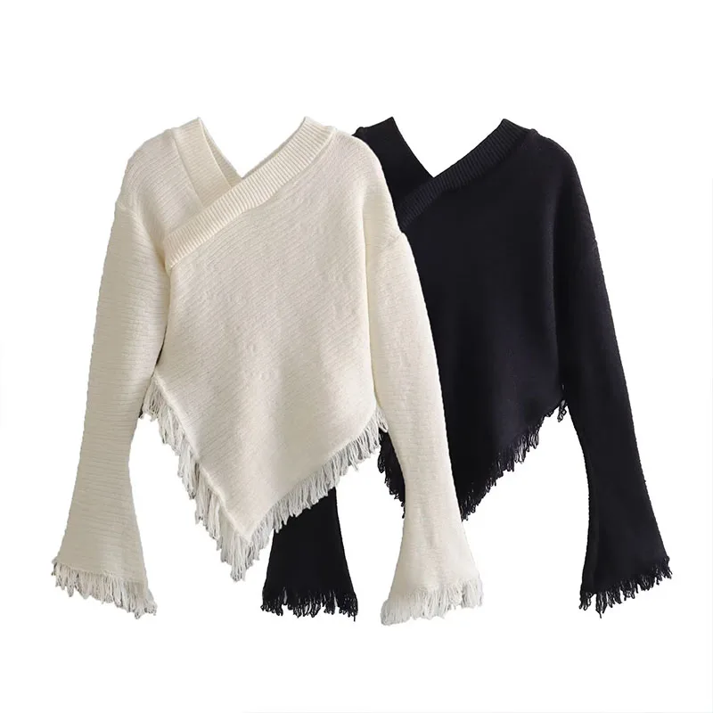 

American Winter Women's 2023 New Casual Fashion Classic V-Neck Tassel Pullover Knit Sweater Short Section Long Sleeve Jumper