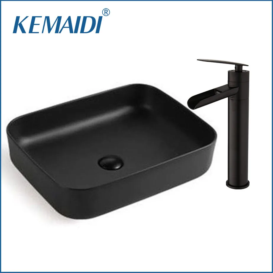 Kemaidi Bathroom Sinks Black Ceramic Art Washing Sink Faucet Combo