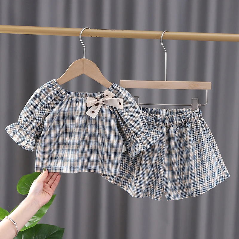 vintage Baby Clothing Set Summer newborn baby girl clothes outfits sets bow plaid short top + shorts 2 pcs suit for girls baby clothing 1st birthday sets Baby Clothing Set