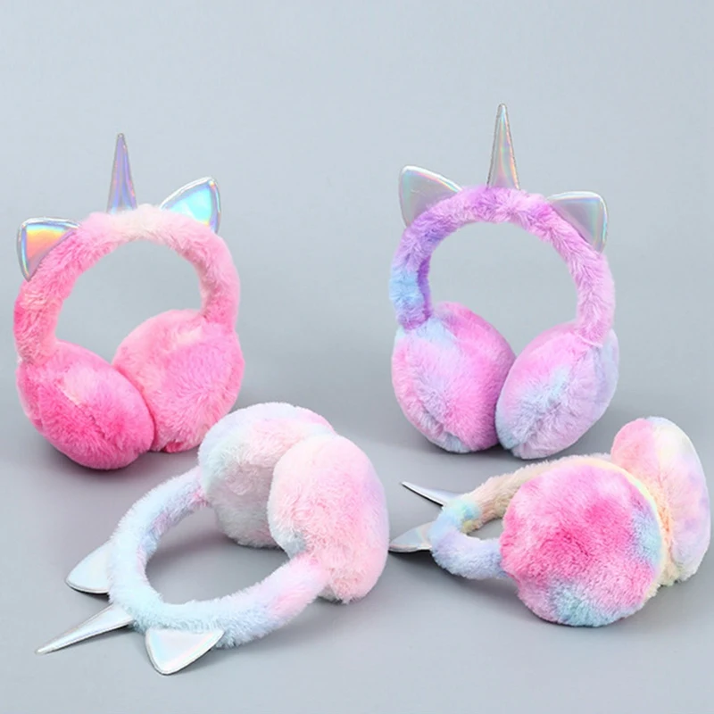 Children Hat Winter Warmer Unicorn Plush Earflap Earmuffs Cat Ears Caps Headband Tie-dye Fur