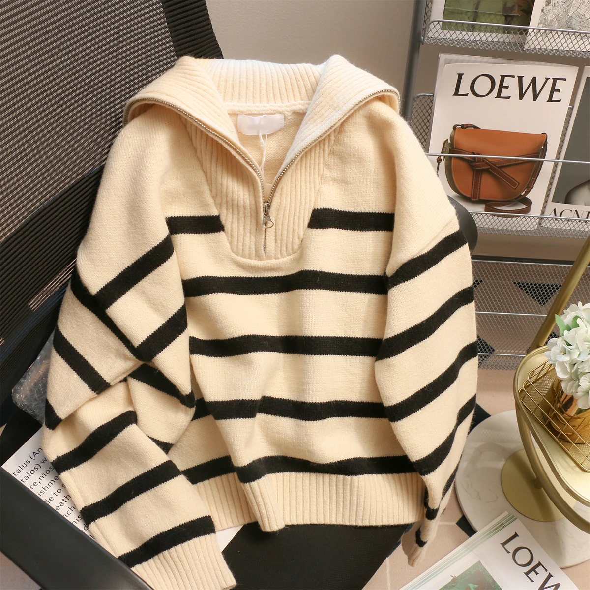

Women Sweater Oversize Zipper Knitted Pullover Long Sleeve Stripe Loose Ladies Sweaters Autumn Winter Women's Turtleneck