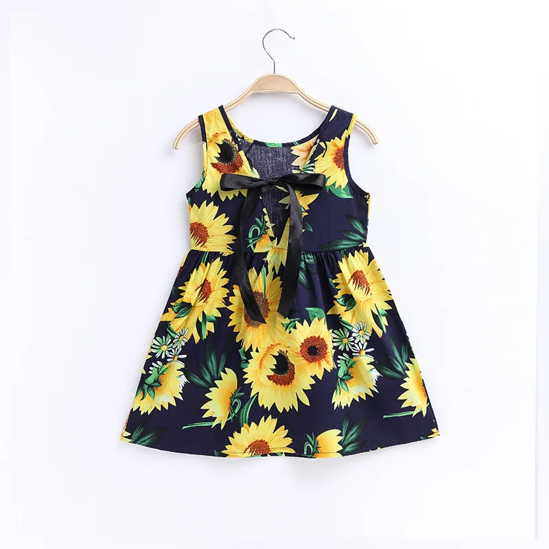 2023 Summer Girls Print Binding Rope Dress For 1-6Years Kids Cotton Sleeveless Sundress Baby Beach Above Knee Mini Casual Dress