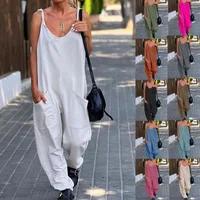 Linen Ladies Bib Pant Suspender Trousers Loose Casual Female Women One-Piece Wide Leg Romper Overalls Strap Jumpsuits Streetwear 1