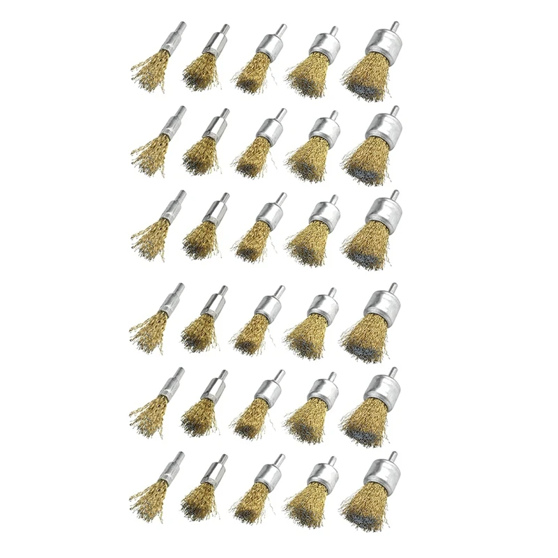 

30 Pack Wire Wheel Cup Brush Set With 1/4 Inch Round Shank, 5 Sizes Brass Coated Wire Drill Brush