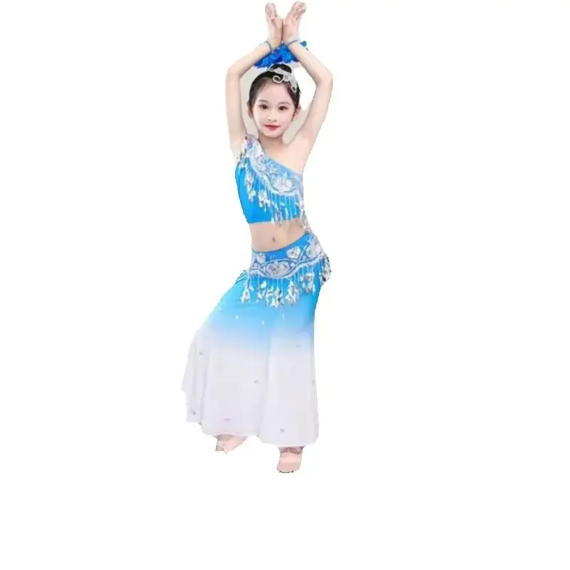 Dance Dress Chinese Traditional Costumes Women Dance Costume Stage Performance Costume Children Chinese Folk Dancing Costume Girl Dai Dance Fishtail Top And Skirt 1set/lot