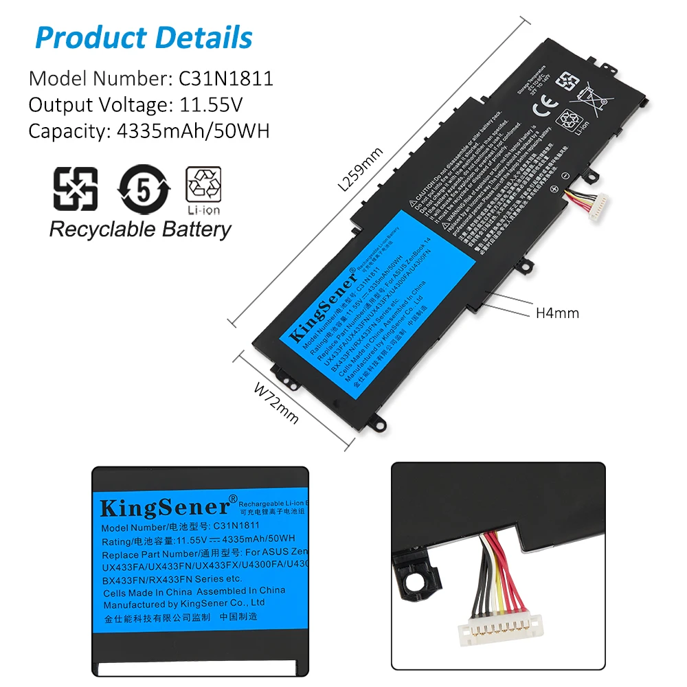 KingSener-C31N1811 Bateria de laptop para ASUS, BX433FN, UX433FN-2S, ZenBook 14, UX433F, UX433FA-A5046R, 0B200-03080000, 4335mAh