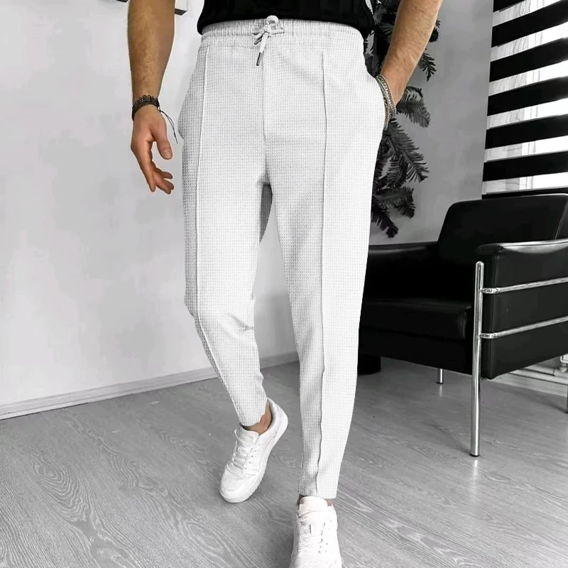 

Spring Summer Men Fashion Waffle Drawstring Sports Pants Casual Solid Color Straight Pants Male Elastic Waist Business Trousers