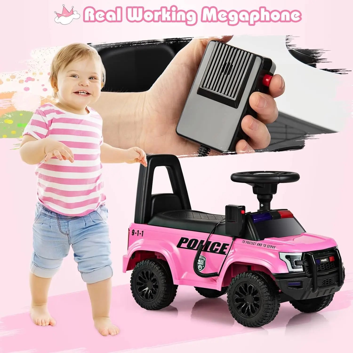 Headlights Toddler Foot-to-Floor Sliding Toy with Siren Under Seat Storage Ride On Push Police Car 3