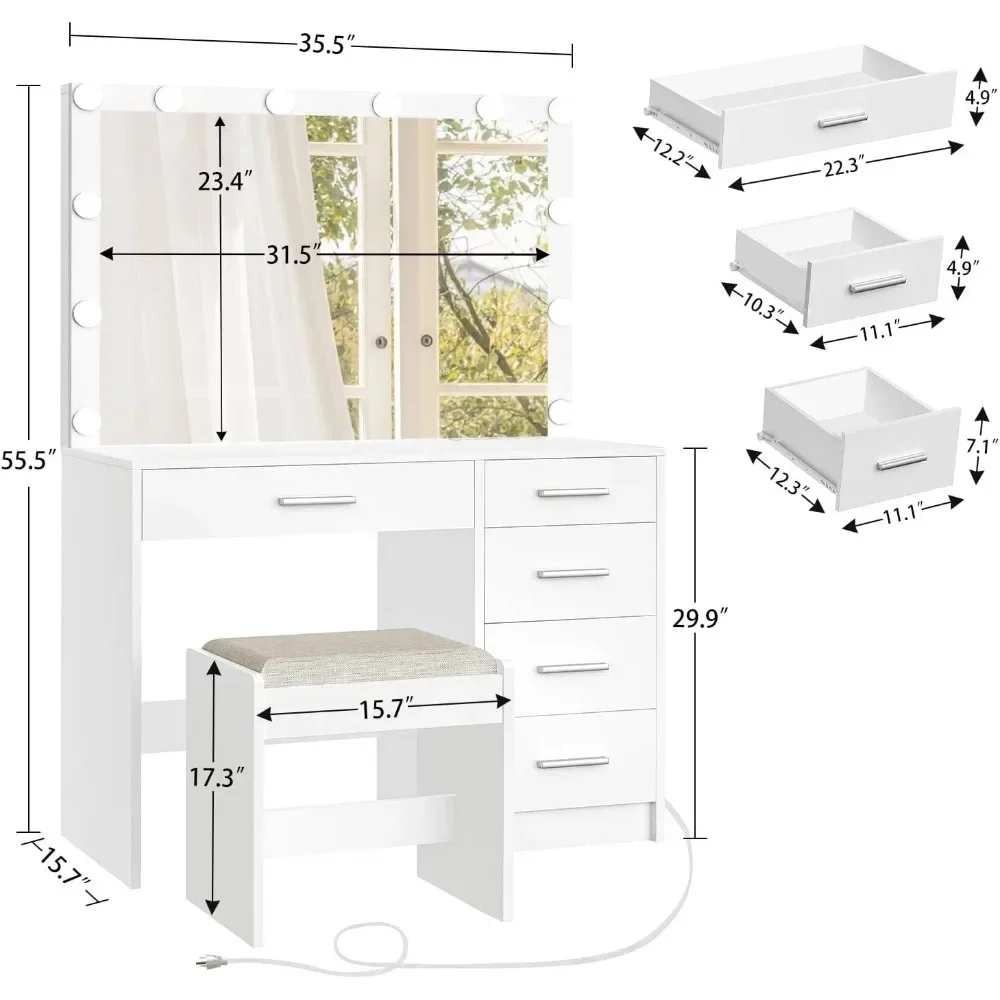 Vanity Desk Power Outlet Drawers Large Mirror Dressing Table Stool