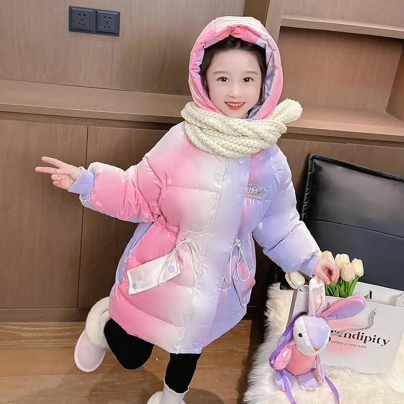 핫 카와이 패션 탑스 패션 아동복 재킷 여아 겨울 코튼 코트 두꺼운 따뜻한 롱 다운 재킷 어린이용 새해