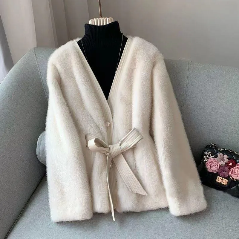2023 Winter New Artificial Mink Hair Fur Coat Women Imitation Fox Fur Slim Fit Outwear Fashion V-neck Solid Color Luxury Jacket