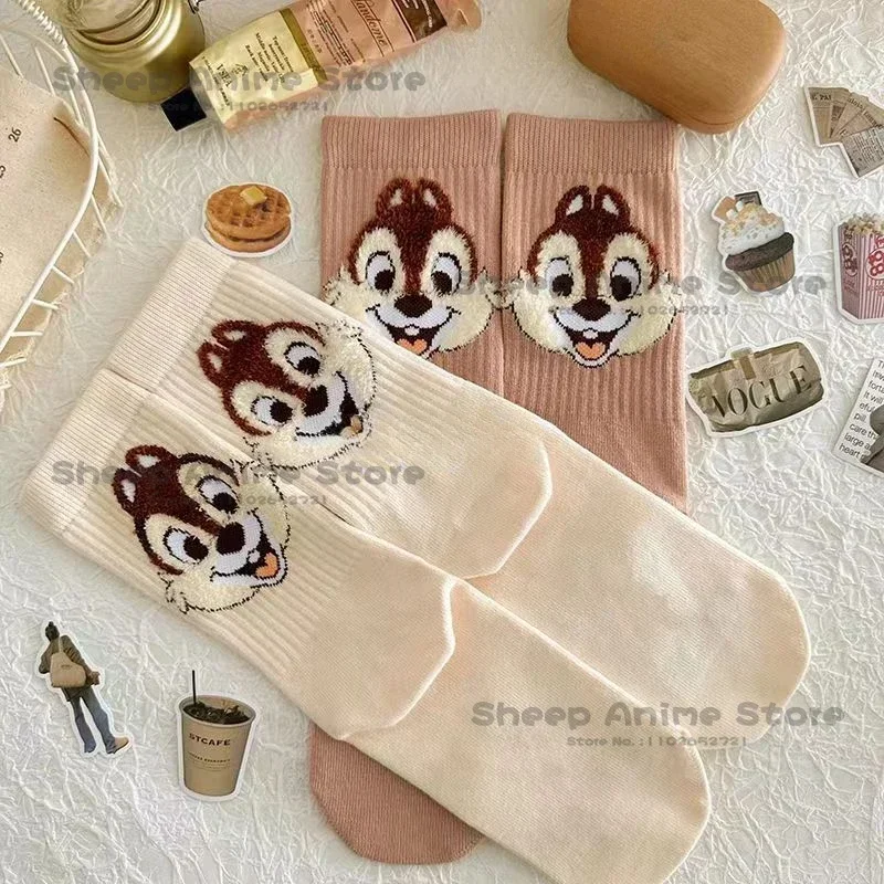 

2Pairs Kawaii Chip Dale Warm Socks Student Anime Autumn Winter Embroidery Cotton Breathable Socks Cosplay Accessory