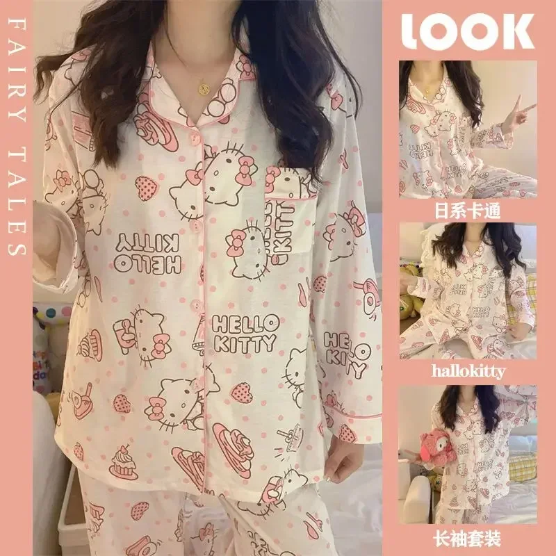 

New Japanese ins wind Hello Kitty pajamas women spring and autumn new cartoon cute long sleeve dormitory home clothing suit tide