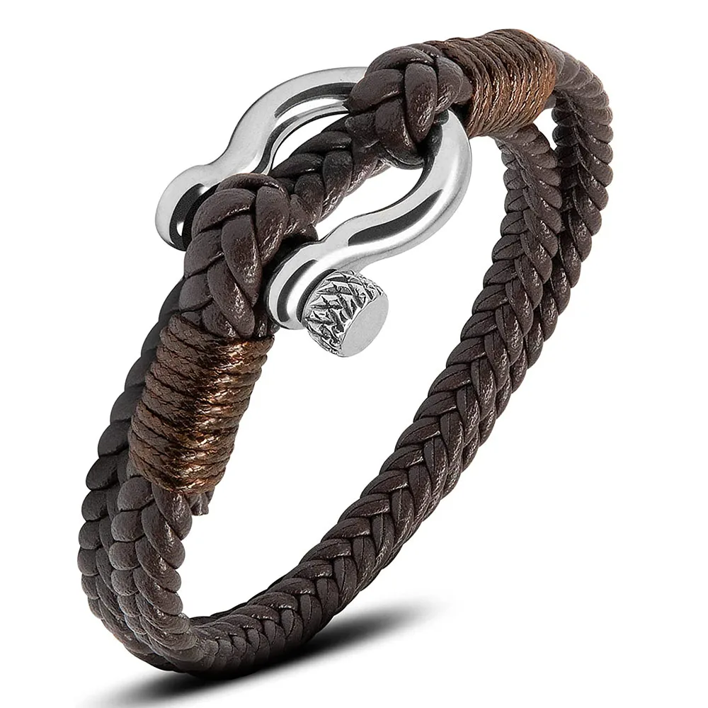 Leather Bracelet Kirykle Nautical Bracelets For Men Multilayer Leather Bracelets with Stainless Steel Anchor Shackle Handmade Ideal Gift For Dad