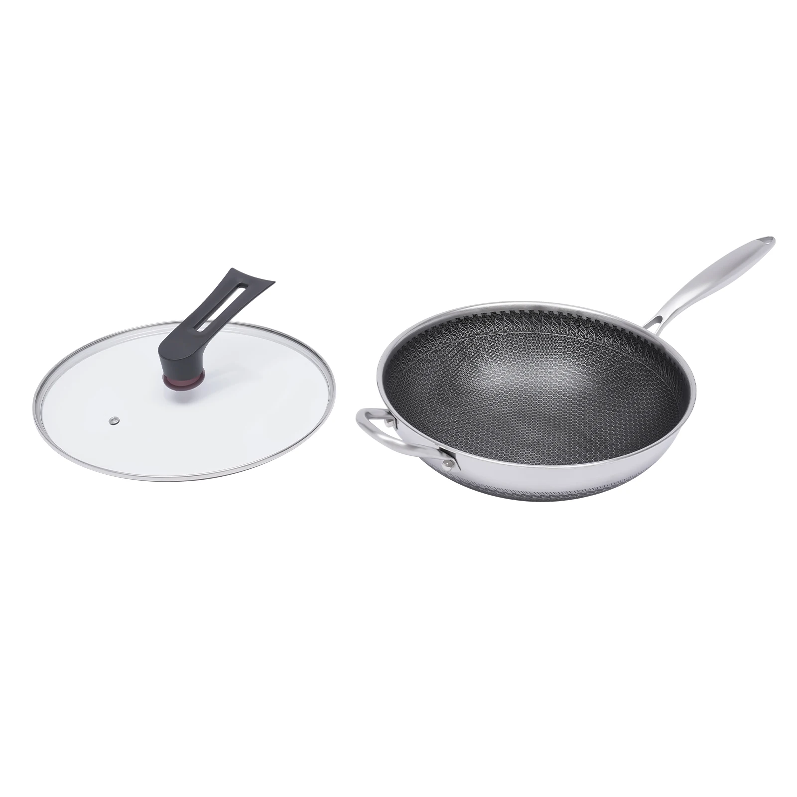 30 x 8,84 cm große Wok-Pfanne aus Edelstahl mit Deckel, Bratpfanne mit Wabenbeschichtung, Bratpfanne für gebratenes Steak, Küchenkochgeschirr – Detail 5