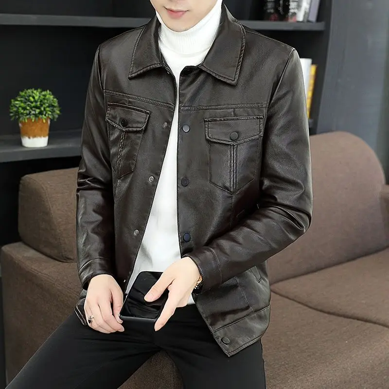 2024 New Style Leather Men's New Lapel Handsome Casual Thin Plus Fleece Coat Young Slim Korean Wear Fashion Trend Zipper Jacket 6
