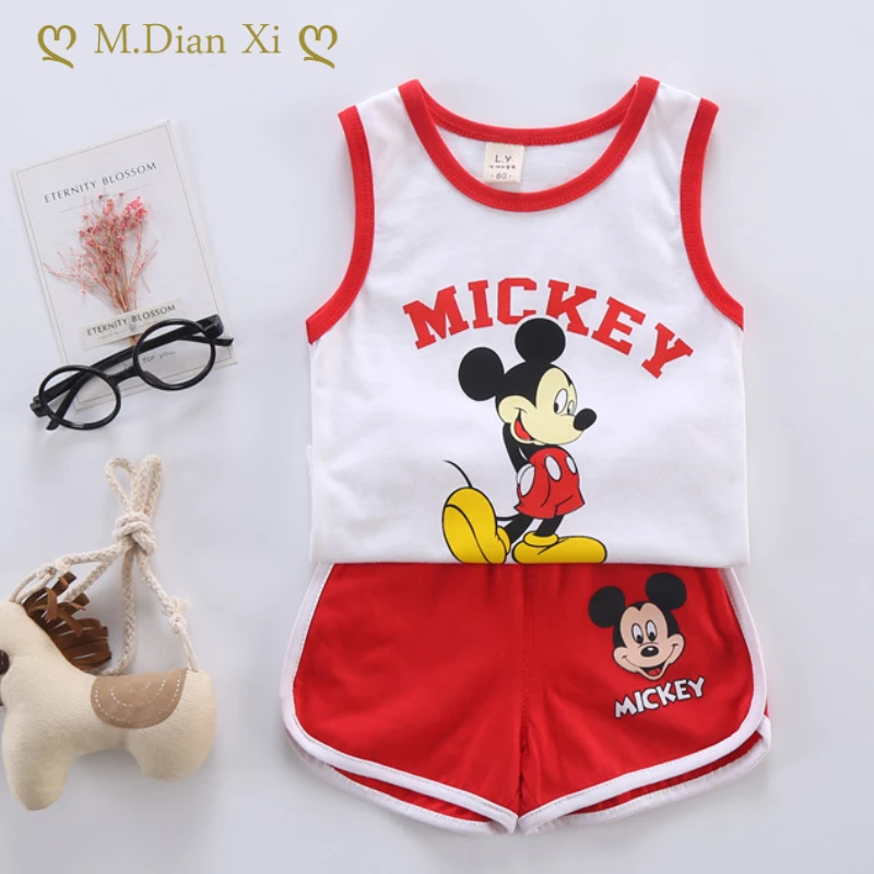 Children's Suit 2-piece Set Baby Boy Summer New Style Minnie Cartoon Pattern Baby Boy Vest T-shirt + Pants Girl Letter Printing baby outfit matching set