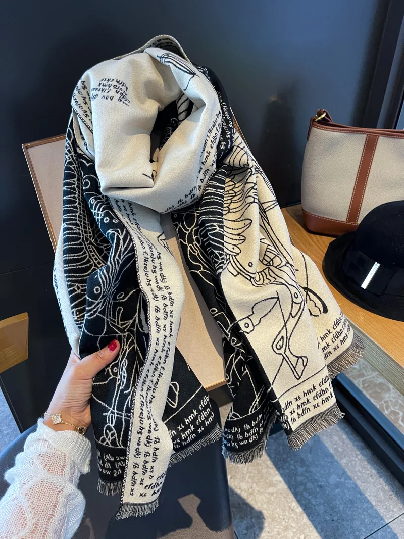 

Роскошная брендовая зимняя новая кашемировая накидка-пончо с кисточками и рисунком лошади, Женская Пашмина