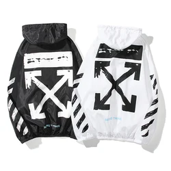 OW Retro Doodle Arrow Jacket Streetwear Hooded Coats Duck Crossing Road Zipper Cardigan Thin Jackets