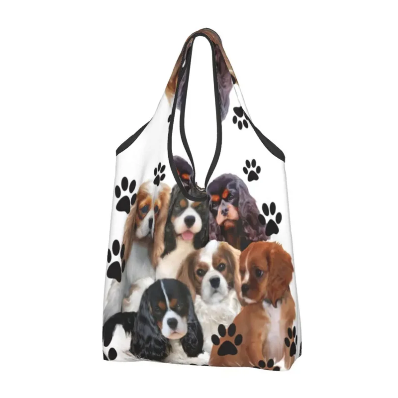 Cavalier King Charles Spaniel Family Group Groceries Shopping Tote Bag Dog Shoulder Shopper Bags Large Capacity Handbags
