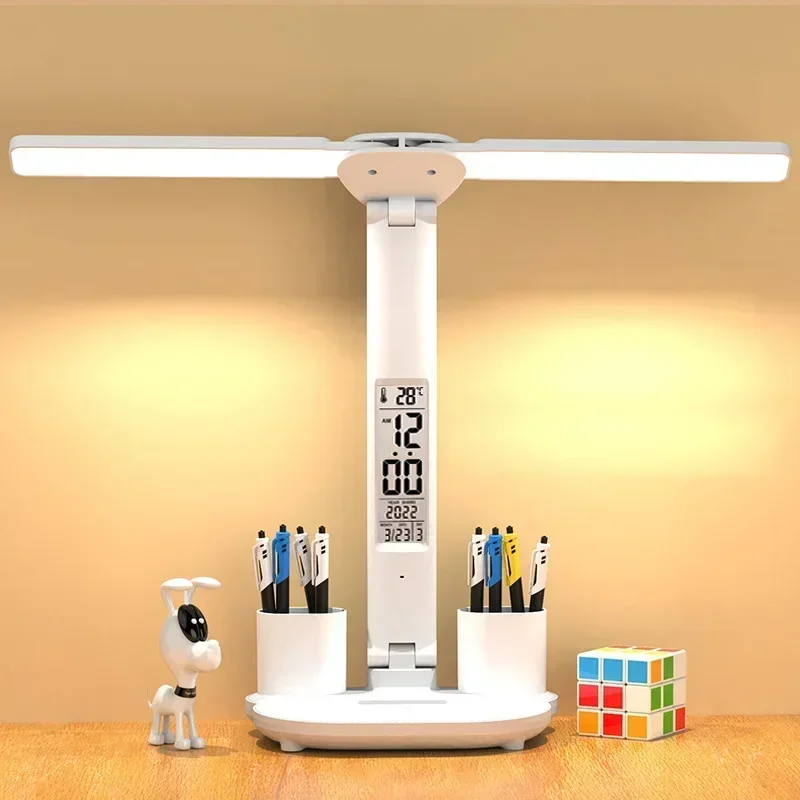 LED Desk Lamp USB Dimmable Touch Foldable Table Lamp with Calendar Temperature Clock Night Light for Study Reading Lamp 2