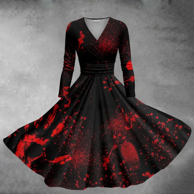 Halloween V Collar Long Sleeved Dress Terror Blood Handprints Bloodstains Leisure Slimming Outdoor Cosplay Clothing