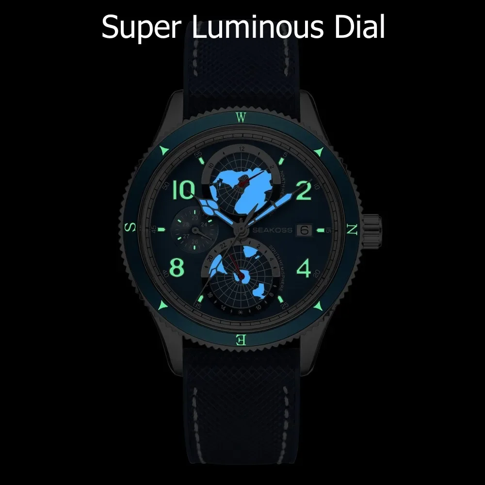 SEAKOSS 100M Men's Diving Watch Fully Automatic Mechanical Watch Year Month 24 Hours Display FKM Strap Super Luminous Wristwatch