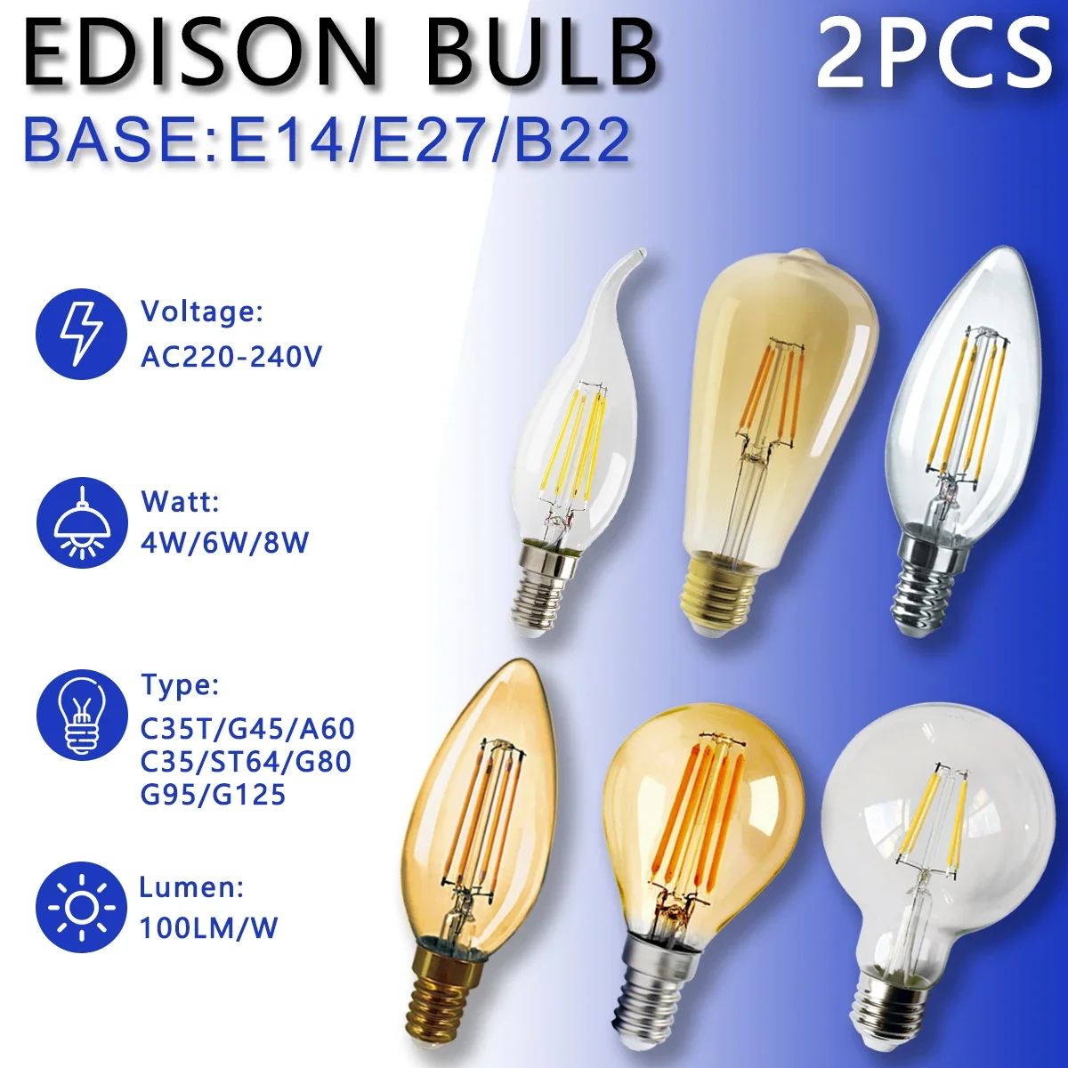 에디슨 빈티지 필라멘트 램프 AC220-240V, 바 및 커피숍에 적합, 4W, 8W, ST64, G80, G95, 2700K, 4000K, 2PCs/로트