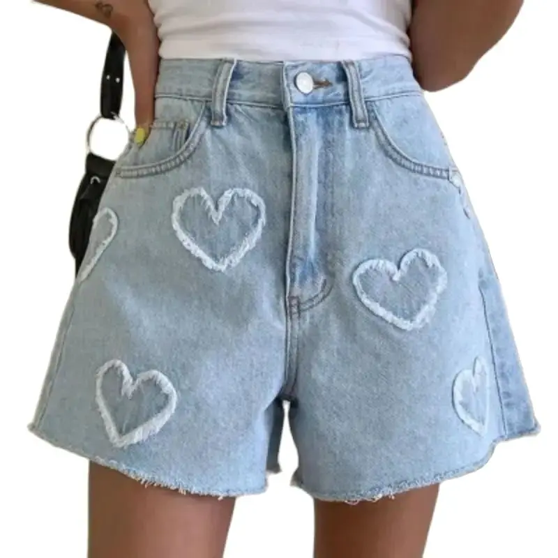 Denim Shorts Heart Rough Edge Pattern High Waist Women Stylish Button Wide Leg Jeans Shorts Women Spring Summer