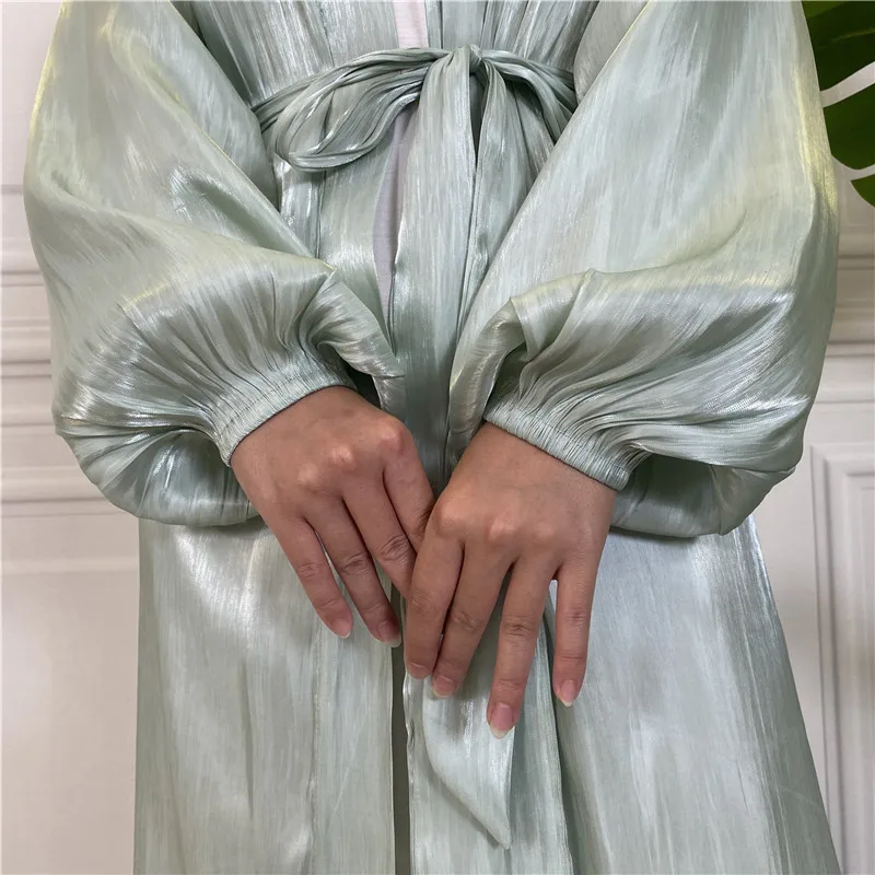 Summer Open Abaya Kimono Silk Satin Abayas for Women Dubai Puff Sleeve Turkey Muslim Long Hijab Dress Islam Modest Outfit Kaftan