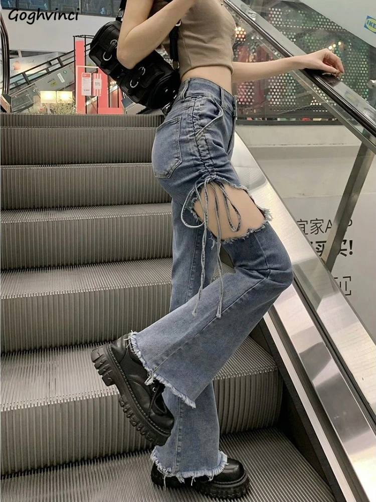 Women Flare Jeans High Waisted Ripped Boyfriend Denim Pants Baggy Stacked  Distressed Goth Bell Bottom