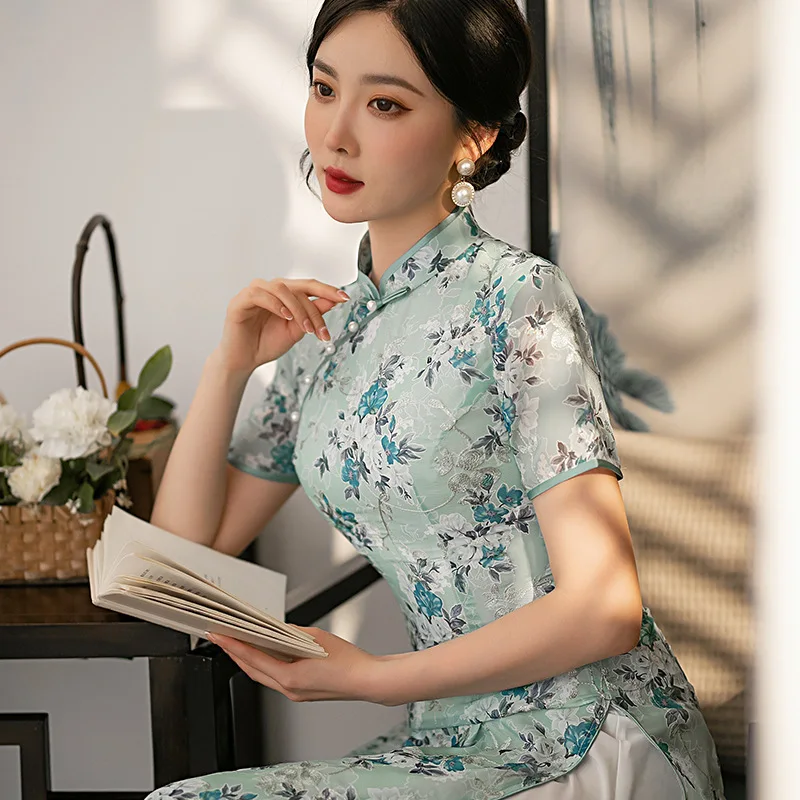

Summer New Ao Dai Cheongsam Green Long Slim Qipao Improved Cheongsam Daily Temperament Dress Chinese Wedding Dress Shiongsam