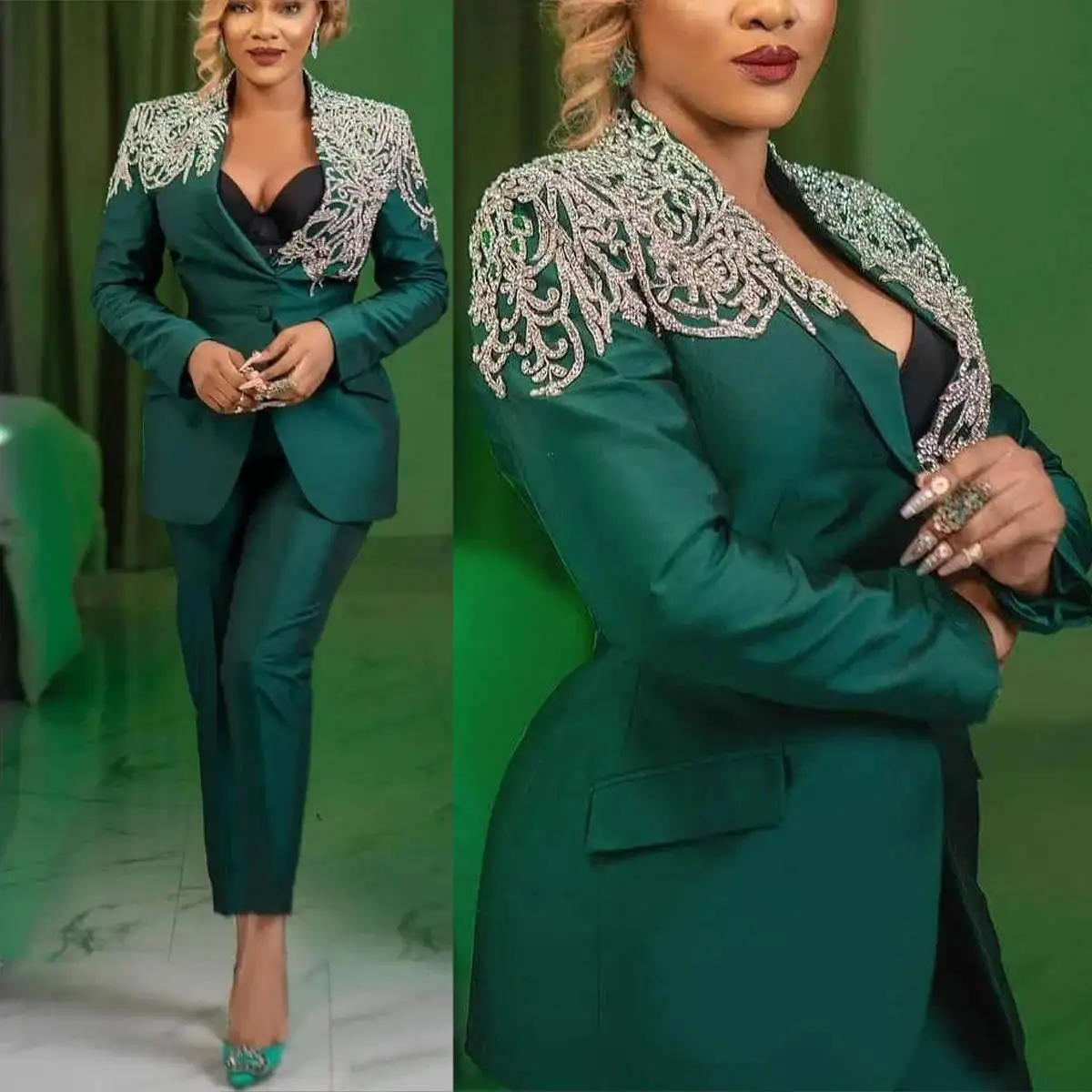 Graceful Plus Size Women Suits 2 Pieces Set Luxury Applique Single Breasted Jacket Wide Legs Pants Made Formal Dresses