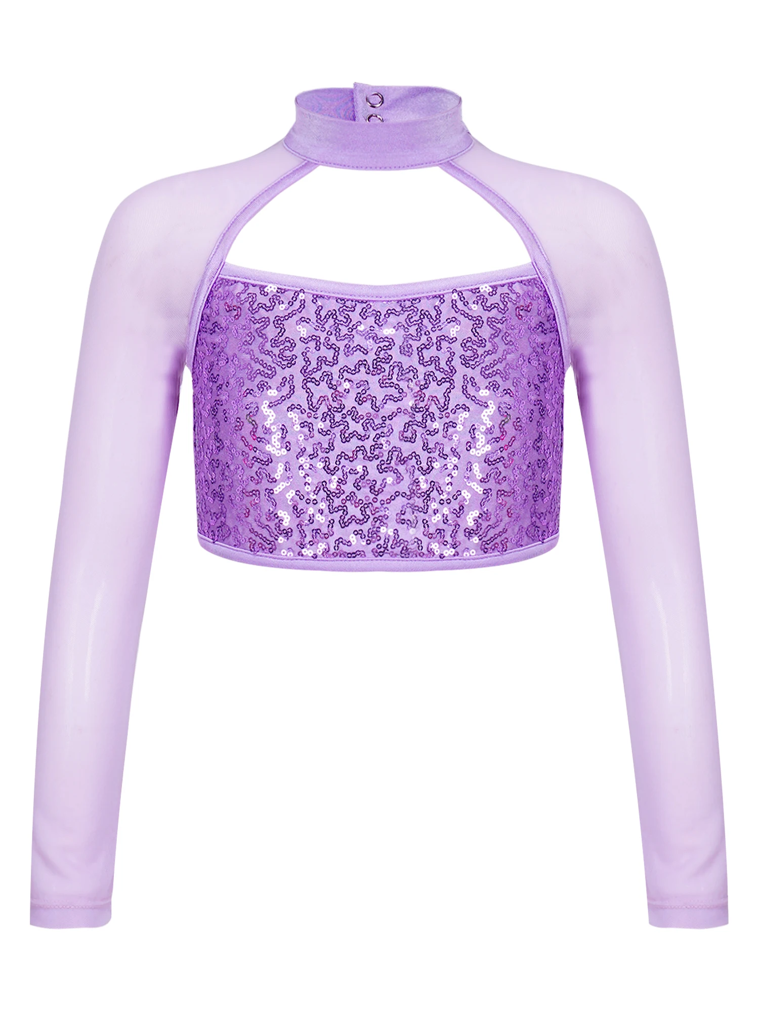 Kids Girls Latin Dance Tops Mesh Sheer Long Sleeve Round Collar Hollow Shiny Sequins Decorated Dance Cropped Shirt Tops