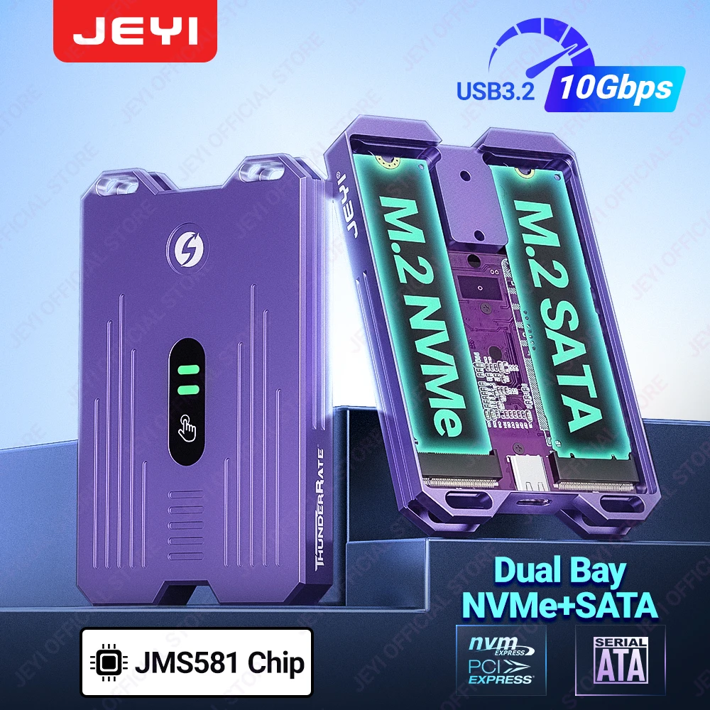 JEYI Dual Protocols SSD Enclosure (NVMe + SATA) JMS581 Chip USB 3.1 Gen2 10G Dual Bay M.2 NVMe NGFF Smart Touch Enclosure Case
