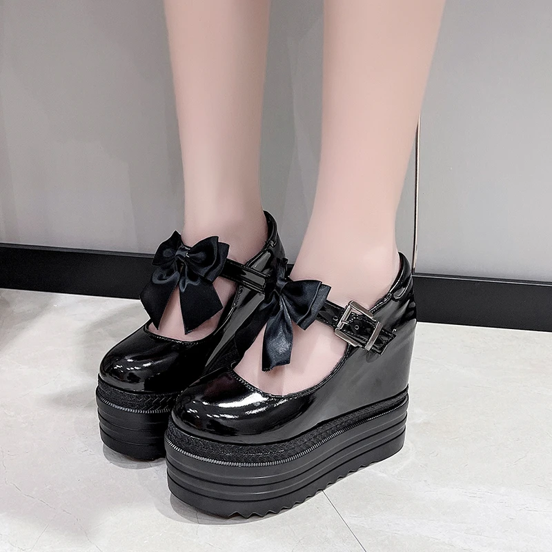 

12CM Butterfly-knot Mary Janes Women Pumps Round Toe Sweet Style Students Shoes Thick Platform High Heels Female Single Shoes