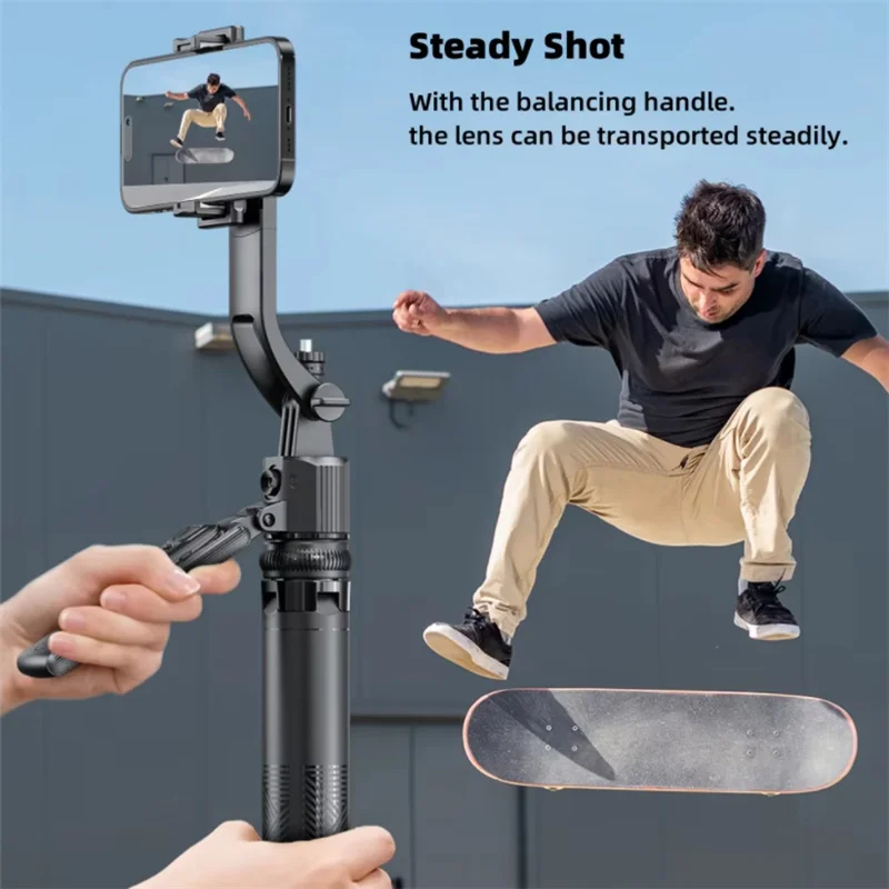 Gimbal rose tenant un smartphone en mode paysage, idéal pour des vidéos fluides en déplacement.