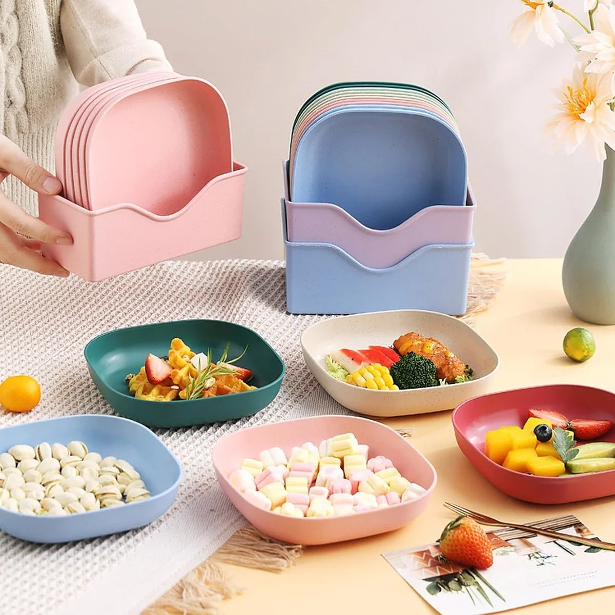 10Pcs Wheat Straw Plates Deep Dinner Plates Plastic Reusable for Dinner Dishes for Kids Adult Assorted Colors Dinnerware