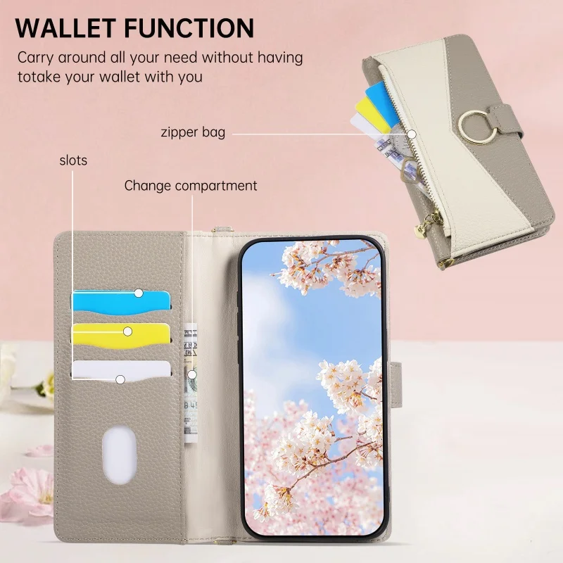 Lanyard Leather Wallet Phone Case with Zipper Card Holder