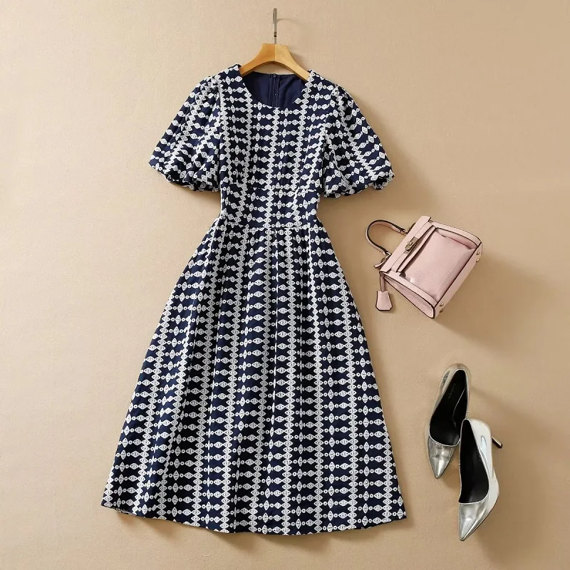

High Quality Denim Dress 2022 Summer Casual Clothing Women V-Neck Allover Exquisite Embroidery Short Sleeve Dark Blue Jean Dress