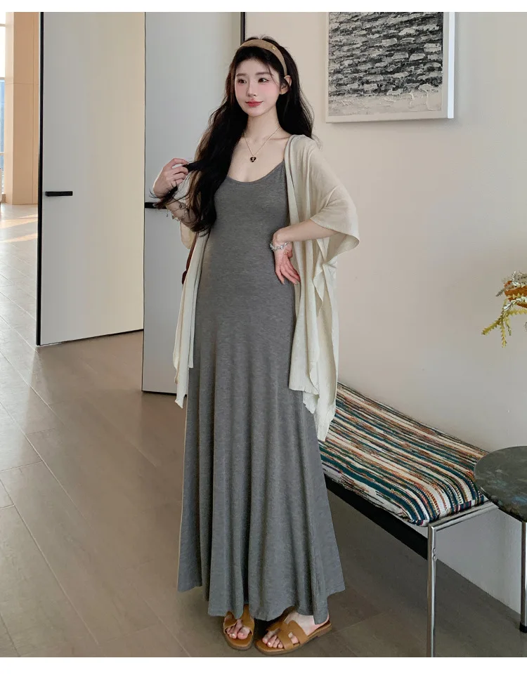 임산부 여름복 2026 부드럽고 우아한 분위기의 그레이 스파게티 스트랩 드레스와 가디건 투피스 세트