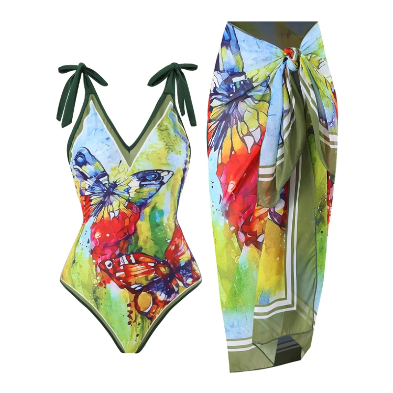 

Floral Print One Piece Swimsuit for Girls Tie Shoulder Swimwear Female Single Piece Moinkni Beach Bathing Suit