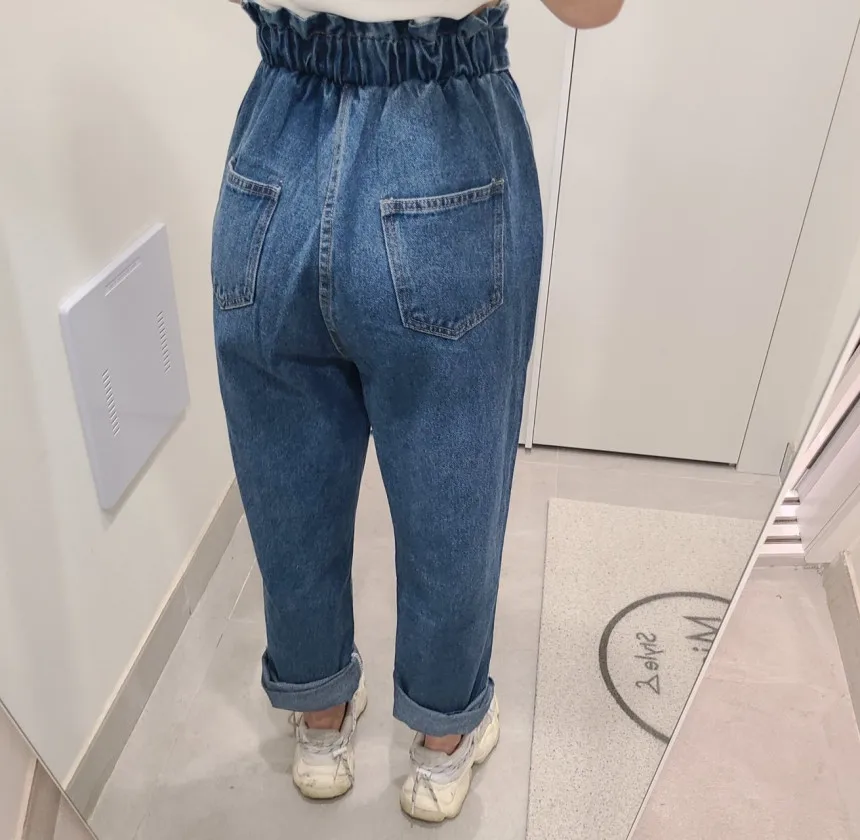 

Korean chic retro two buckle bracts lace-up slightly straight to show thin do old Haren pants high waist jeans