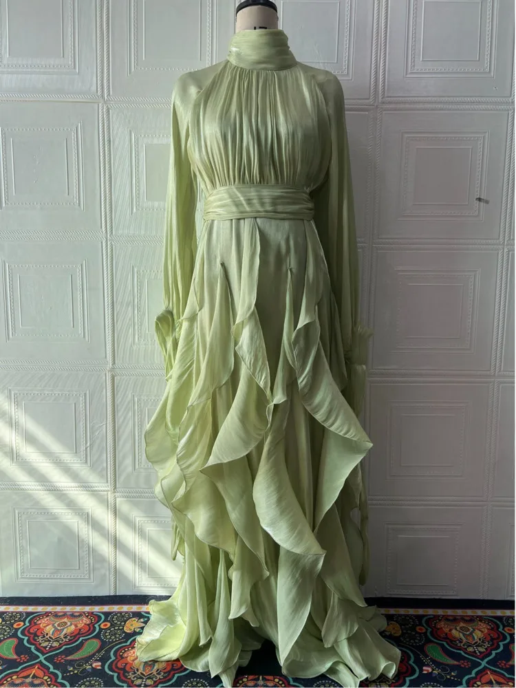 LGRQ early autumn turtleneck full sleeves shinny ruffles pullover Arabic styles floor length vacation dress female vestido 2