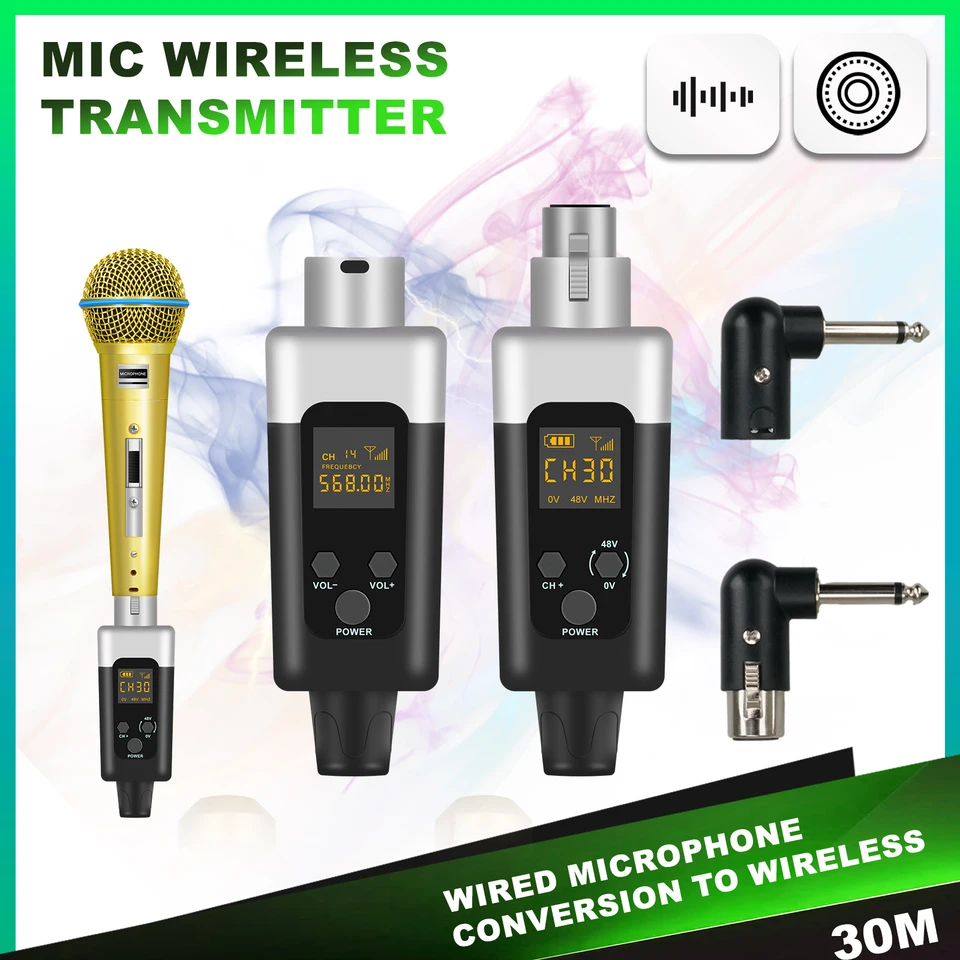 Wireless XLR Microphone System - 30 Channels, 48V Compatible, 30M Range